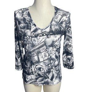 Nygaard Collection Black & White Face Paris Print 3/4 Sleeve V Neck Top small